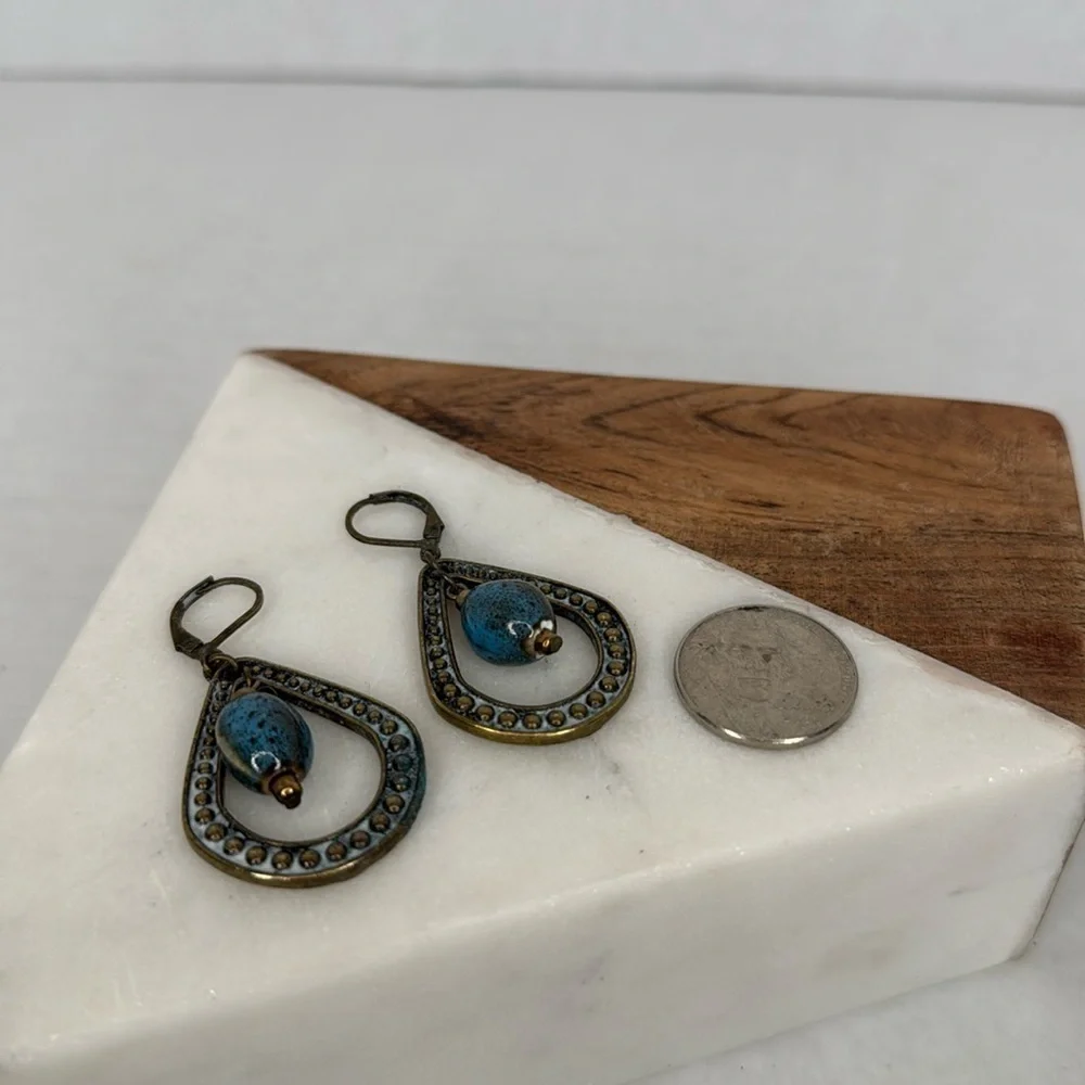 Premier Design Blue Ceramic Bead Brass Tone Dangle lot E9